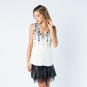 Vocal Zippered Sleeveless TOP with Prints & Stones